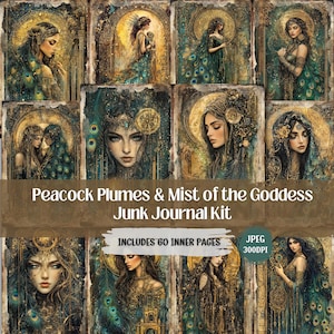 Puede incluir: Un kit de diario digital titulado "Peacock Plumes & Mist of the Goddess". La obra de arte presenta retratos de mujeres con detalles de plumas de pavo real, en tonos de verde azulado, dorado y marrón. El kit incluye 60 páginas interiores y es un archivo JPEG a 300 DPI.