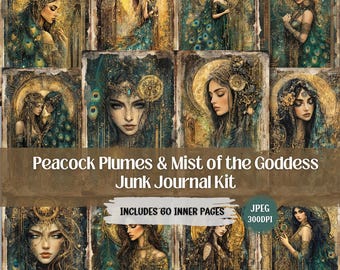 May include: A digital junk journal kit titled "Peacock Plumes & Mist of the Goddess." The artwork features portraits of women with peacock feather accents, in shades of teal, gold, and brown. The kit includes 60 inner pages and is a JPEG file at 300 DPI.