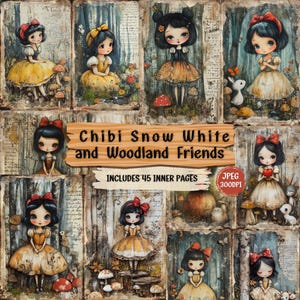 Peut inclure: Un collage d'illustrations mettant en scène Blanche-Neige chibi et ses amis de la forêt. Chaque image montre Blanche-Neige dans une robe jaune, avec des créatures de la forêt et des champignons. Le texte "Chibi Snow White and Woodland Friends" est affiché.