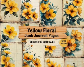 Yellow Floral Junk Journal Pages: Shabby Chic Watercolor Ephemera (Digital Download)