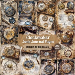Peut inclure: Un collage de 45 pages de papier numérique avec des images vintage d'horloges et de montres. Les pages sont conçues pour être utilisées dans des carnets de rebut et présentent une variété de textures et de motifs. Le titre "Clockmaker Junk Journal Pages" est affiché au centre du collage.