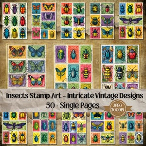 May include: A digital collage of 50 vintage-style stamp designs featuring various insects, butterflies, and beetles. The stamps are arranged in a grid pattern and have a colorful, intricate design.