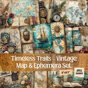 Timeless Trails - Ensemble de cartes vintage et éphémères, doubles pages de journal - 62 anciennes cartes de navigation JPEG, scrapbooking shabby chic et travaux manuels.