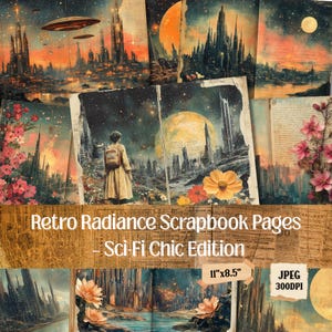 Könnte beinhalten: Eine Sammlung von Scrapbook-Seiten mit Retro-Sci-Fi-Thema. Die Seiten zeigen Illustrationen futuristischer Stadtlandschaften, Planeten und einer Person in einem langen Mantel. Der Text "Retro Radiance Scrapbook Pages - Sci-Fi Chic Edition" ist sichtbar. Die Seiten sind 27,9 cm x 21,6 cm groß.