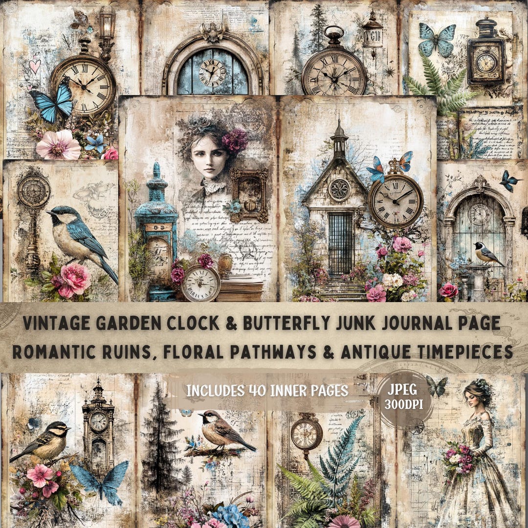 Vintage Garden Clock & Butterfly Junk Journal Pages | Romantic Ruins ...