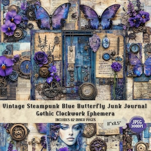 以下が含まれることがあります： 青と紫を基調とした、ヴィンテージスチームパンクをテーマにしたジャンクジャーナル。蝶、歯車、花、青いドアのデザイン。ジャーナルには112ページの内側ページがあり、サイズは27.9cm x 21.6cmです。