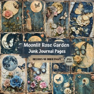 Moonlit Rosengarten Junk Journal Seiten | Eine wunderliche Vintage-inspirierte Rosen, zarte Motten | Shabby Chic Papier Ephemera für Scrapbooking.