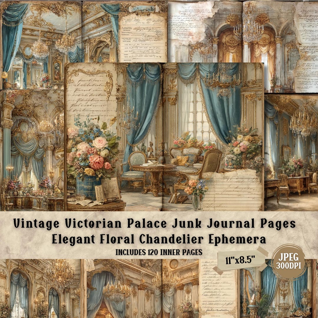 Vintage Victorian Palace Junk Journal Pages | Elegant Floral Chandelier ...