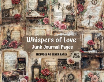 Op de afbeelding: Een collage van 46 digitale junk journal pagina's met vintage-geïnspireerde afbeeldingen van rozen, sleutels, klokken en muziekbladen. De pagina's zijn in tinten bruin, crème en roze met een verweerde, antieke uitstraling. De tekst "Whispers of Love Junk Journal Pages" wordt in het midden van de collage weergegeven.