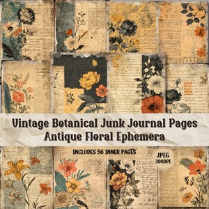 Vintage Botanical Junk Journal Pages – Antique Floral Ephemera, Shabby Chic DIY Craft Aesthetic Collage Paper, Digital Download, 56 JPEG.