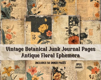 Vintage botaniska skräpjournalsidor: Shabby Chic Ephemera (56 JPEG digital nedladdning)
