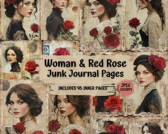 Viktorianische Frau & Rote Rose Junk Journal Kit: Shabby Chic Ephemera (45 JPEG Dateien)