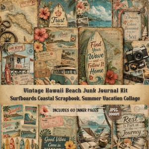 Può includere: Un kit di junk journal digitale con temi da spiaggia vintage delle Hawaii, tra cui tavole da surf, fiori tropicali, paesaggi costieri, camper retrò, fotocamere e oggetti di viaggio. La collezione mostra vari elementi di collage, mappe e testi come Find Your Wave e Dream in Colors Borrowed from the Sea.