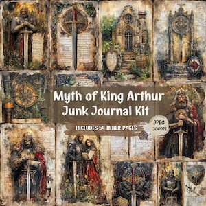 May include: A digital junk journal kit featuring images inspired by the legend of King Arthur. The kit includes 54 inner pages with images of knights, swords, castles, and other medieval imagery. The kit is perfect for creating a unique and personalized journal.