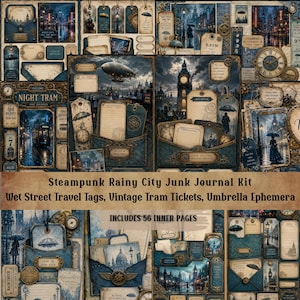 Steampunk Rainy City Junk Journal Kit, Vintage Tram Tickets, Umbrella Ephemera (Digital Download)