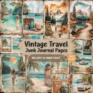 Vintage Travel Junk Journal Pages: Shabby Chic Ephemera (58 JPEG)