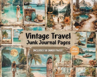 May include: Vintage travel themed junk journal pages with 58 inner pages. The pages feature images of tropical beaches, mountains, and forests. The text "Vintage Travel Junk Journal Pages" and "Includes 58 Inner Pages" is printed on the pages.