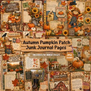 May include: A collage of vintage-style scrapbook pages with an autumn theme. The pages feature pumpkins, sunflowers, scarecrows, and handwritten text. The text "Autumn Pumpkin Patch Junk Journal Pages" is displayed prominently. Includes 50 inner pages.