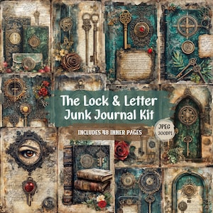 The Lock & Letter – Collage vintage de sobres y llaves / Kit de diario vintage / Manualidad de papel Shabby Chic para scrapbooking / 48 JPEG.