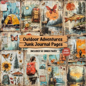 Outdoor Adventure Junk Journal Pages: Camping, Hiking Ephemera (50 JPG Digital Download)