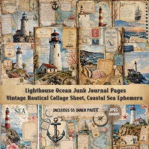 May include: A collage of vintage nautical-themed journal pages featuring lighthouses, maps, and ocean imagery. The pages include text, illustrations, and decorative elements, with the words "Lighthouse Ocean Junk Journal Pages" and "Vintage Nautical Collage Sheet, Coastal Sea Ephemera".