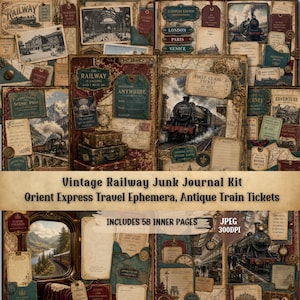 May include: A digital junk journal kit featuring vintage railway themes, including antique train tickets, Orient Express travel ephemera, and 58 inner pages. The collection displays steam locomotives, maps, luggage, and travel-related text.