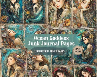 Ocean Goddess Junk Journal Kit: zeemeermin, nautische plakboekpagina's (digitale download)