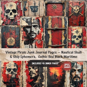 Könnte beinhalten: Eine Sammlung von Vintage-Junk-Journal-Seiten zum Thema Piraten. Die Seiten zeigen nautische Totenköpfe, Schiffsephemera und gotische rot-schwarze maritime Designs. Der Text auf dem Bild lautet "Vintage Pirate Junk Journal Pages - Nautical Skull & Ship Ephemera, Gothic Red Black Maritime" und "INCLUDES 45 INNER PAGES".