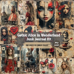 Gothic Alice im Wunderland Journal Seiten & Motive | Antikes Junk Journal Kit | Shabby Chic Papiermodelle Ephemera für Scrapbooking | 60 JPEG.