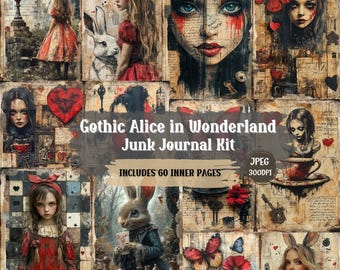 May include: A digital collage kit featuring images of Alice in Wonderland with a gothic theme. The kit includes 60 inner pages and is perfect for creating a unique junk journal. The images feature a variety of characters and objects from the story, including Alice, the White Rabbit, the Mad Hatter, and the Queen of Hearts. The images are in a vintage style and are perfect for adding a touch of whimsy to your journal.