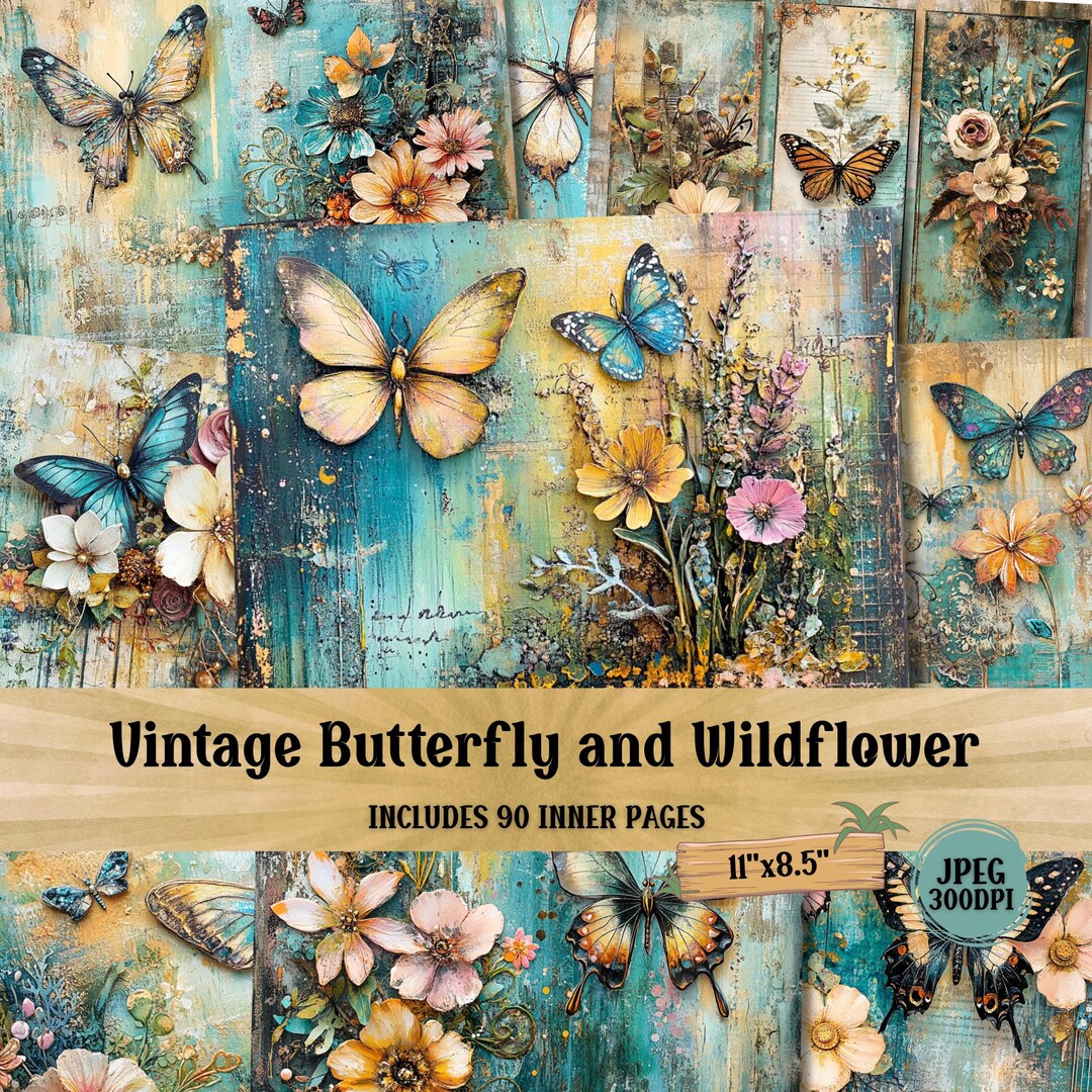 Butterfly Wildflower Junk Journal Pages: Shabby Chic Scrapbook Paper ...
