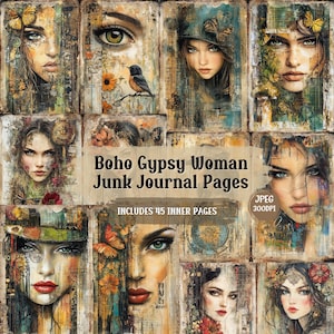 Op de afbeelding: Een collage van digitale kunstjournaalpagina's met portretten van vrouwen, vlinders en bloemmotieven. De tekst "Boho Gypsy Woman Junk Journal Pages" en "Includes 45 Inner Pages" is zichtbaar. Het kunstwerk heeft een vintage, bohemien esthetiek.