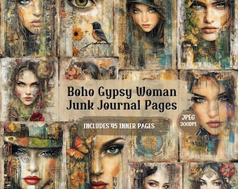 Boho Woman Junk Journal Pages – Vintage Portrait Collage (Digital Download)