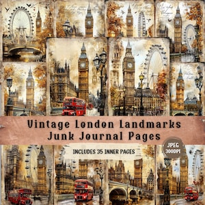 Vintage London Landmarks Junk Journal Page – Big Ben, London Eye & Red Bus Collage, Travel Ephemera Printable for Scrapbooking and Crafts.