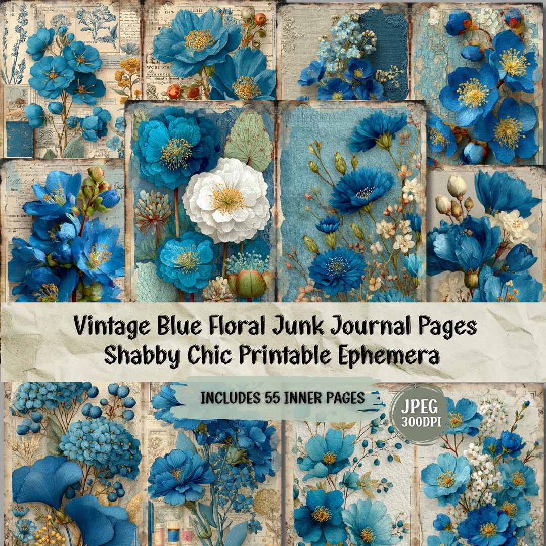 Blue Floral Junk Journal Pages: Shabby Chic Ephemera (55 JPG Digital ...