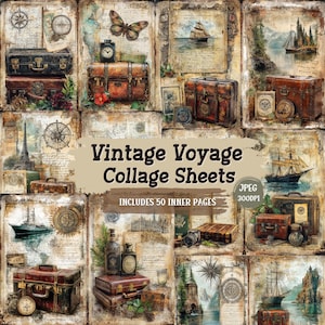 Vintage Voyage Collage Sheets | Vintage Travel Junk Journal Kit | Shabby Chic Paper Craft Sheet Ephemera for Scrapbooking | 50 JPEG.