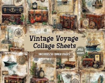 Puede incluir: Hojas de collage vintage con temática náutica. Las hojas presentan imágenes de maletas, brújulas, mapas, barcos y otros artículos relacionados con los viajes. Las hojas son perfectas para scrapbooking, creación de tarjetas y otras manualidades de papel.