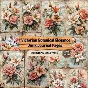 Victorian Botanical Junk Journal Kit: Shabby Chic Floral Ephemera (40 JPEG Files)