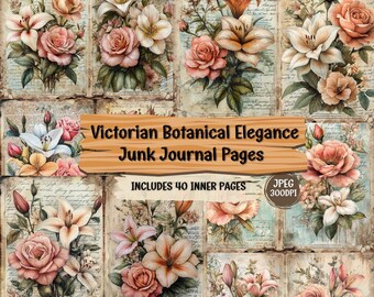 Victorian Botanical Junk Journal Kit: Shabby Chic Floral Ephemera (40 JPEG Files)