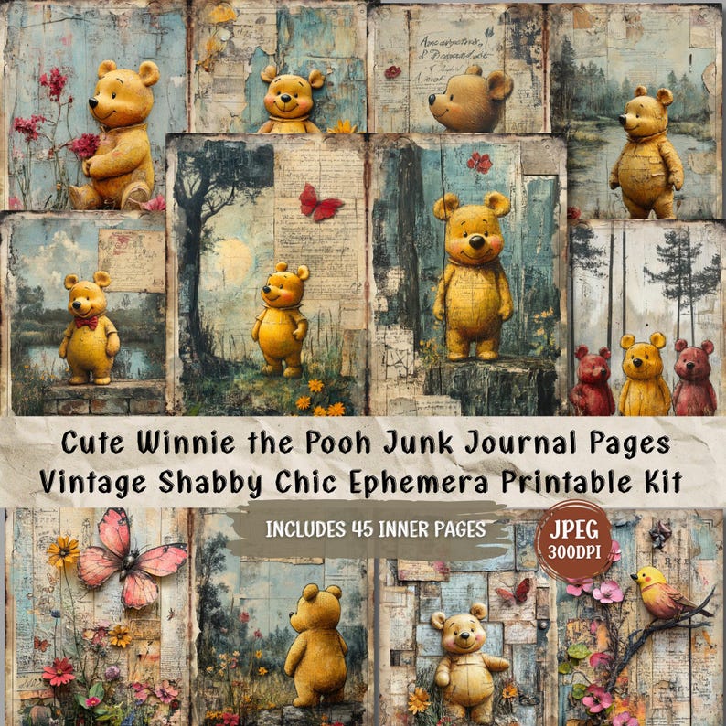 Winnie the Pooh Junk Journal Kit: Vintage Shabby Chic Ephemera (45 JPG ...