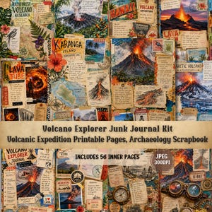 Könnte beinhalten: Ein digitales Junk-Journal-Set mit druckbaren Seiten zum Thema Vulkane, einschließlich Karten, Expeditionsberichten, Lavastromstudien, Illustrationen von Vulkanausbrüchen, Forschungsnotizen und einer Abbildung einer Schutzbrille.