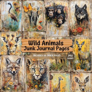 Wild Animals Junk Journal Pages, Nature-Inspired Decor, Botanical Illustration, Shabby Chic Paper Craft Collage Ephemera for Scrapbooking.