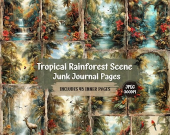 Pagine di diario vintage con immagini di foreste pluviali tropicali: fogli di collage panoramici (download digitale)