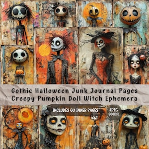 Gothic Halloween Junk Journal Pages: Creepy Witch & Pumpkin Ephemera (Digital Download, 60 JPGs)