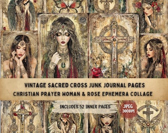 May include: A collage of vintage-style journal pages with religious themes. The images feature women, crosses, roses, and angel wings. The text reads "VINTAGE SACRED CROSS JUNK JOURNAL PAGES" and "CHRISTIAN PRAYER WOMAN & ROSE EPHEMERA COLLAGE."