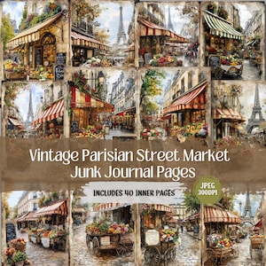 Páginas de diario basura de un mercado callejero parisino antiguo / Monumentos franceses icónicos / Hoja de collage perfecta para álbumes de recortes y manualidades con papel.