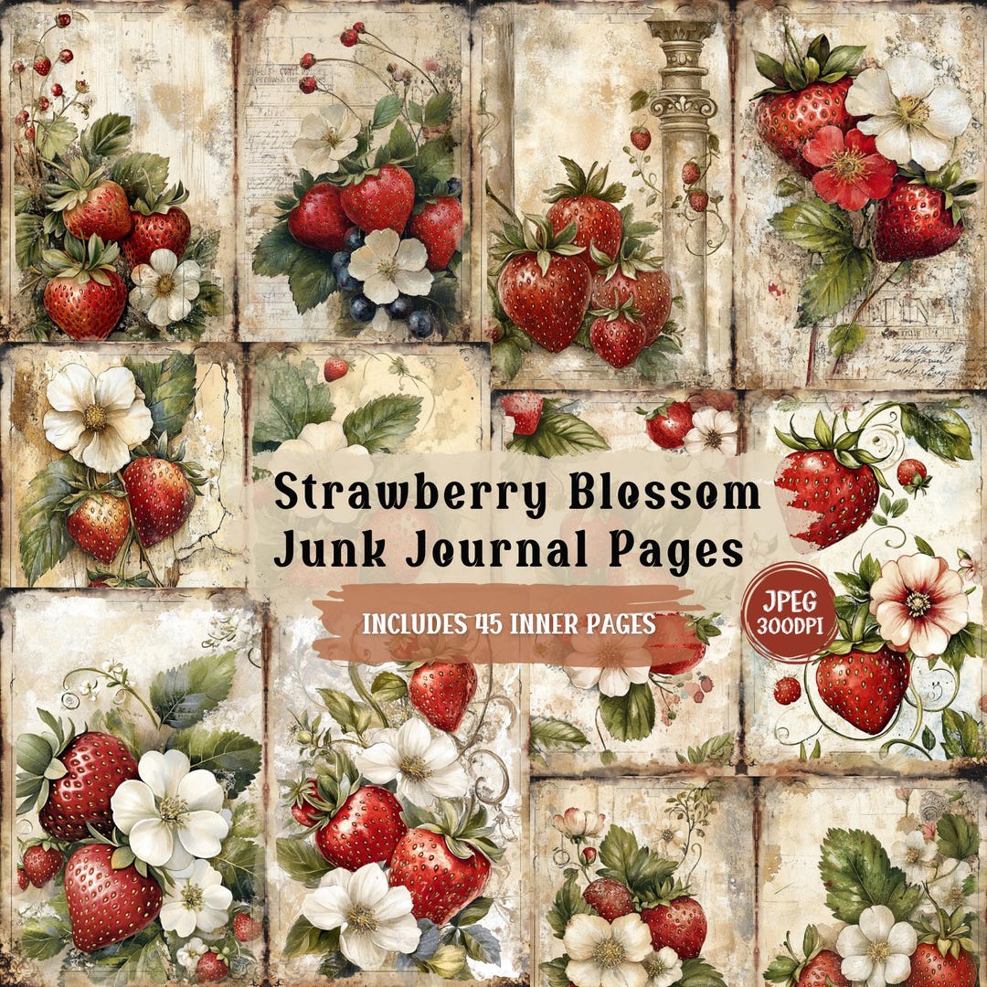 Vintage Strawberry Junk Journal Pages | Shabby Chic Scrapbook Kit ...