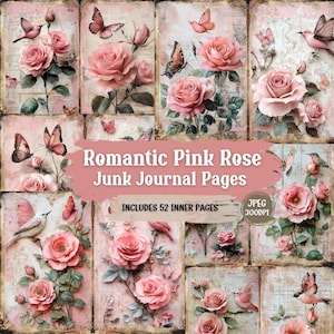 Pink Rose Junk Journal Seiten: Viktorianischer Schmetterling Ephemera (52 JPEG)