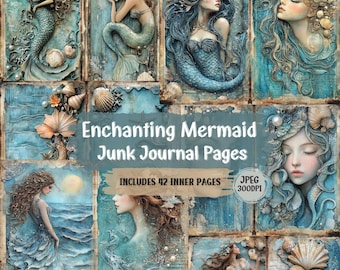 Può includere: Un collage di pagine di carta digitale con illustrazioni di sirene in tonalità blu, verdi e marroni. Il testo "Enchanting Mermaid Junk Journal Pages" e "Includes 42 Inner Pages" è visibile. Il testo "JPEG 300DPI" è anche visibile.