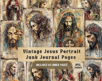 May include: A collage of vintage-style portraits of Jesus Christ, featuring various artistic styles and expressions. The images are arranged on aged paper backgrounds, with text reading "Vintage Jesus Portrait Junk Journal Pages". The collage includes 60 inner pages.